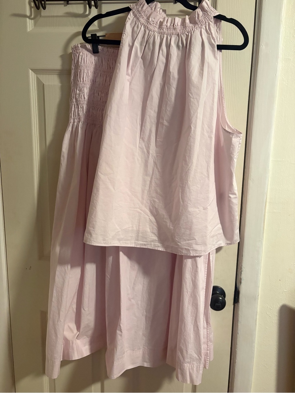 Women's Light Pink Smocked Waist Midi Skirt with matching shirt